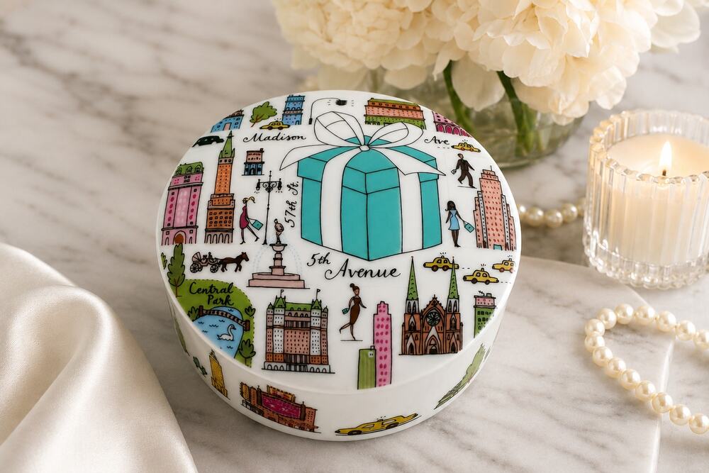 Tiffany & Co 5th Ave Porcelain Trinket Box NYC Skyline Bone China No Box Retired